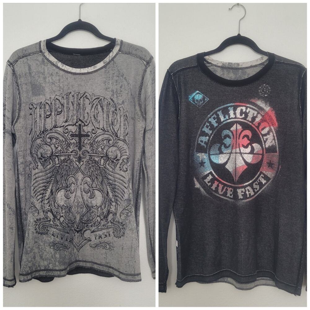 Y2K Affliction Reversible Long Sleeve Thermal Shirt Size M Grunge Cybergoth Emo